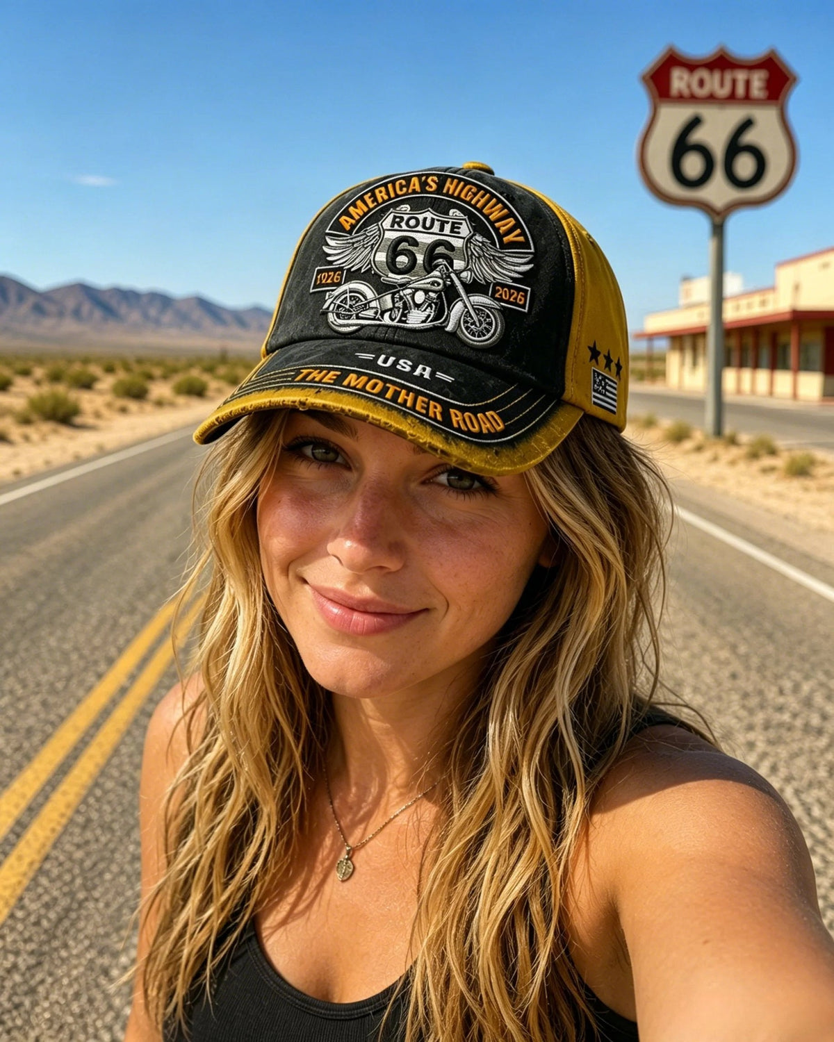 🏍️Casual baseballcap med retro-motiv fra US Route 66 i anledning 100-årsjubileet