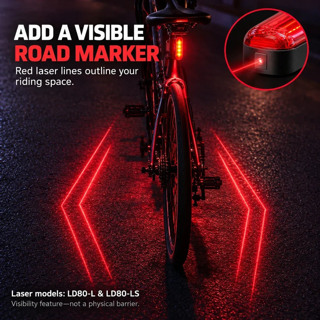 🚨 LED-baklys til sykkel med blinkende bremselys | Laser Safety Zone, batterilevetid på 22 timer (inkludert to festebraketter)