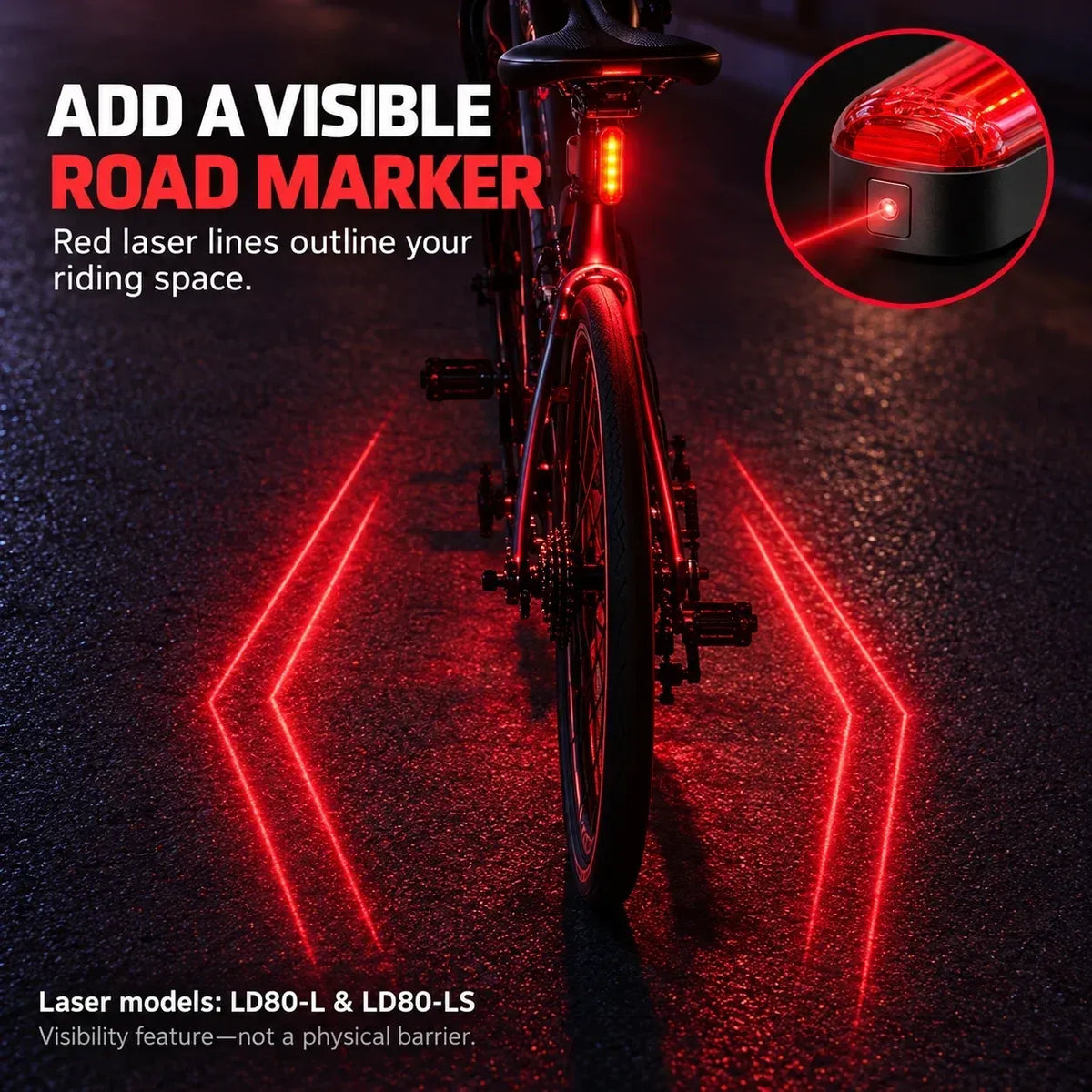 🚨 LED-baklys til sykkel med blinkende bremselys | Laser Safety Zone, batterilevetid på 22 timer (inkludert to festebraketter)