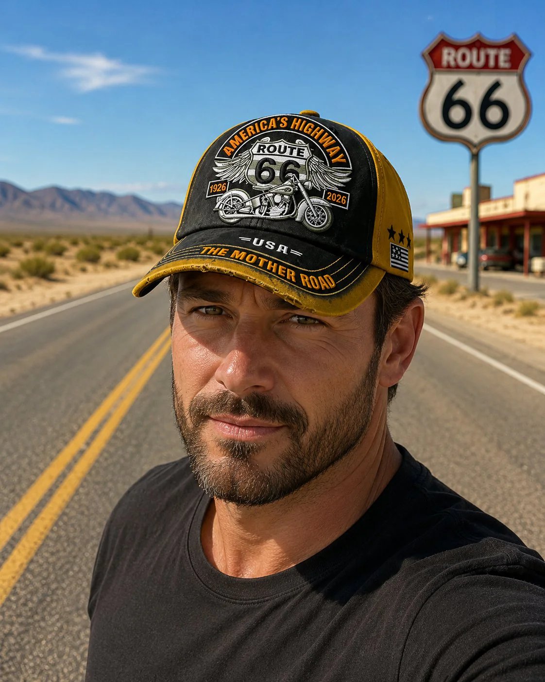 🏍️Casual baseballcap med retro-motiv fra US Route 66 i anledning 100-årsjubileet