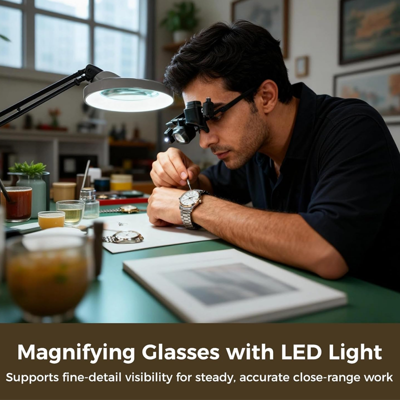 🔬✨ LED-forstørrelsesbriller med høy presisjon – utskiftbare glass, to LED-lys, håndfrie 💡