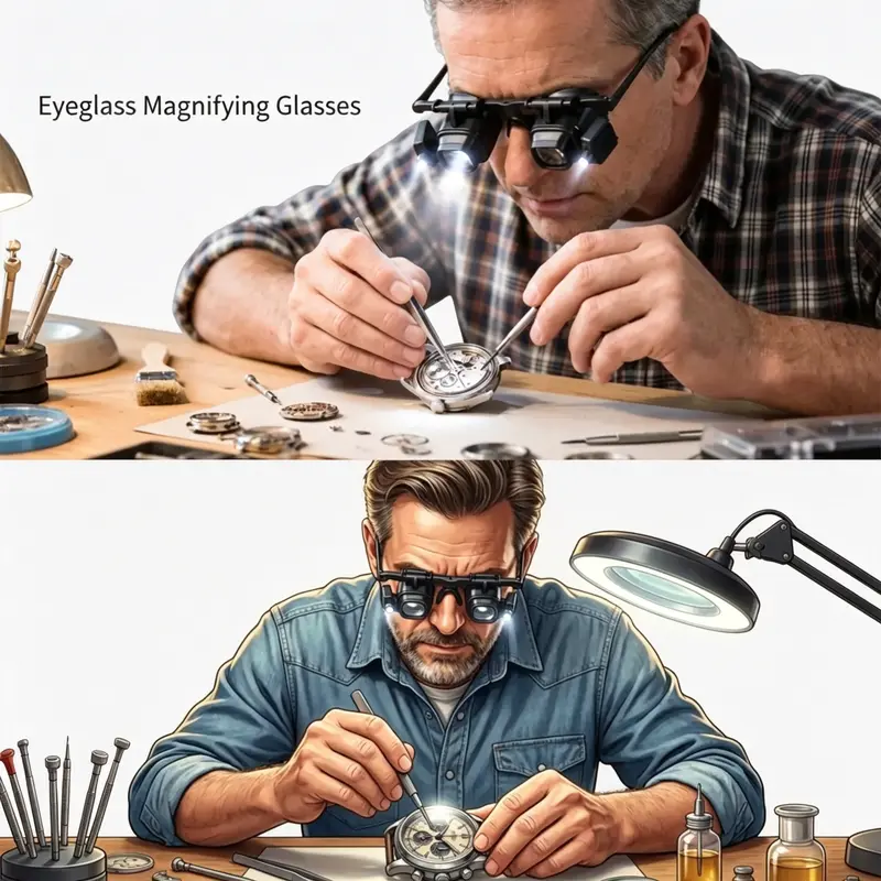 🔬✨ LED-forstørrelsesbriller med høy presisjon – utskiftbare glass, to LED-lys, håndfrie 💡